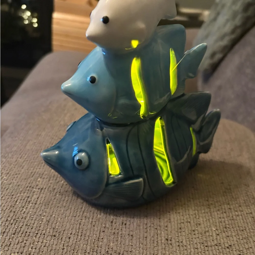 Blue and White Fish Aquarium Decor 7.5” tall lights up
